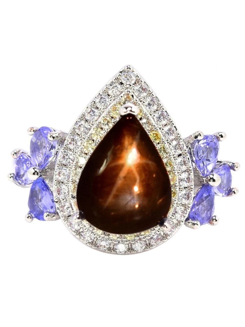 Natural 925 Sterling Silver Teardrop Black Star Sapphire & Tanzanite Ring Sz 6